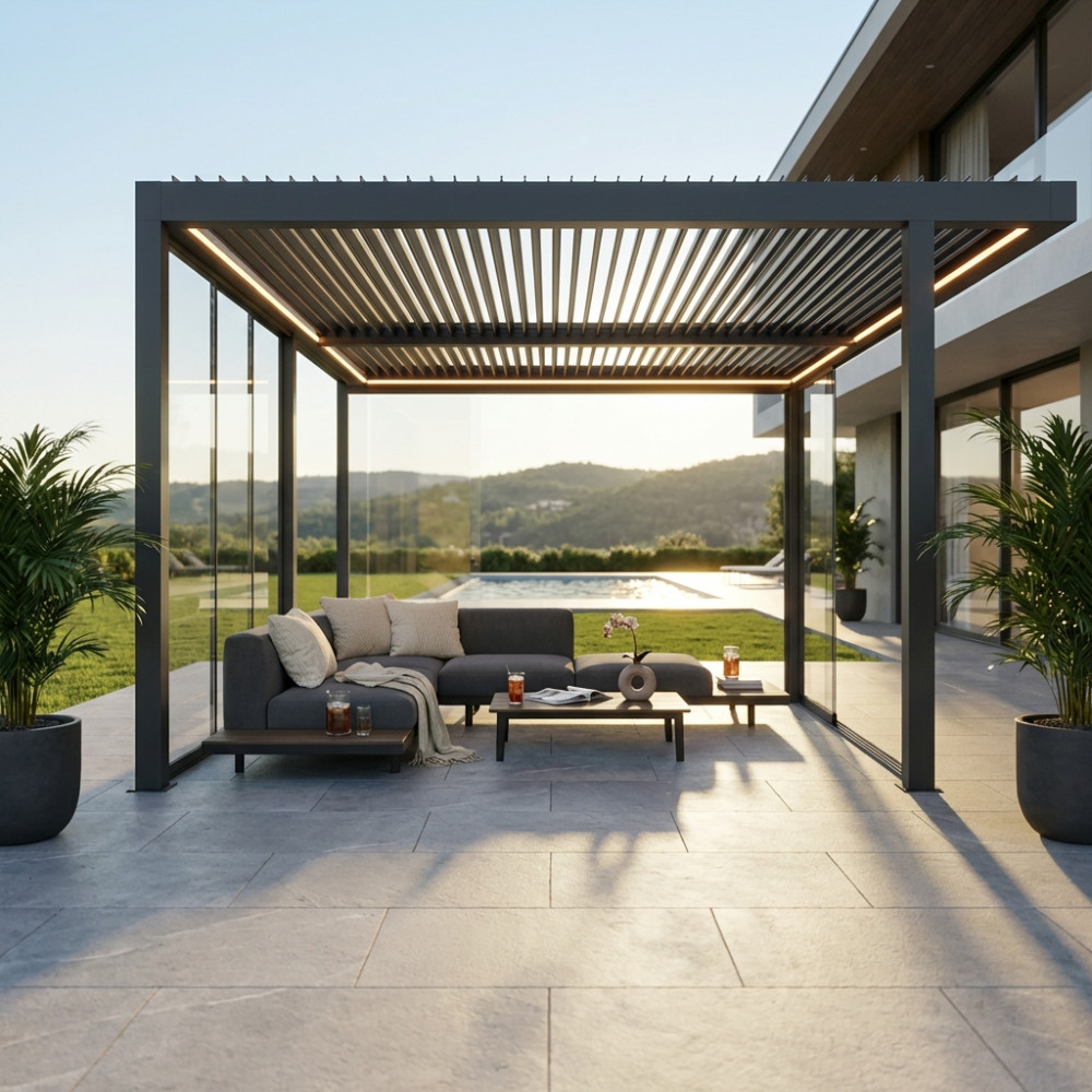 LATERALE VETRO PER LATO DA 4 M PERGOLA BIOCLIMATICA 4 PORTE PROFILO ALLUMINIO