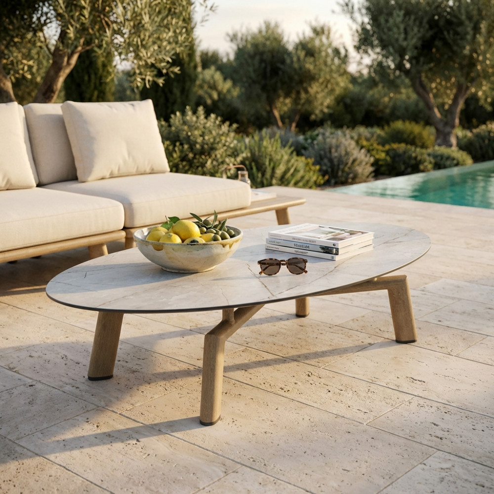 TAVOLINO PER ESTERNO EFFETTO LEGNO CON PIANO IN HPL EFFETTO PIETRA, TAVOLINO PER GIARDINO EFFETTO LEGNO CON PIANO IN HPL, TAVOLINO GIARDINO, ARREDO GIARINO BERGAMO, ARREDAMENTO GIARDINO BERGAMO, GIARDINAGGIO BERGAMO, ROTA COMMERCIALE