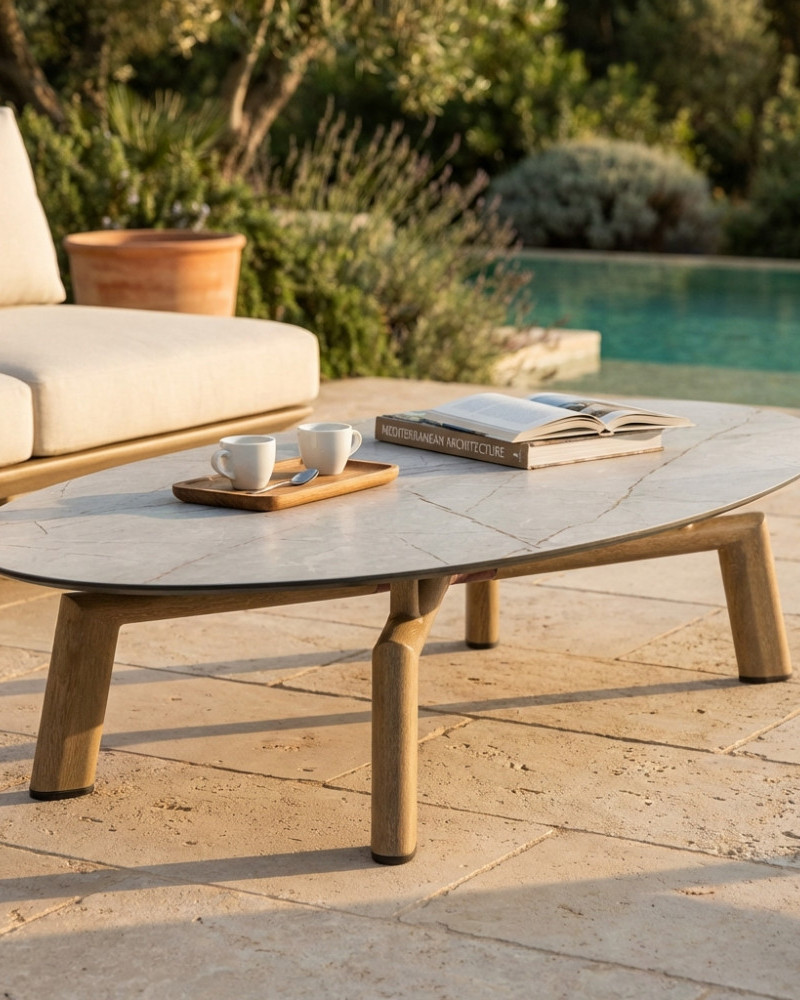 TAVOLINO PER ESTERNO EFFETTO LEGNO CON PIANO IN HPL EFFETTO PIETRA, TAVOLINO PER GIARDINO EFFETTO LEGNO CON PIANO IN HPL, TAVOLINO GIARDINO, ARREDO GIARINO BERGAMO, ARREDAMENTO GIARDINO BERGAMO, GIARDINAGGIO BERGAMO, ROTA COMMERCIALE